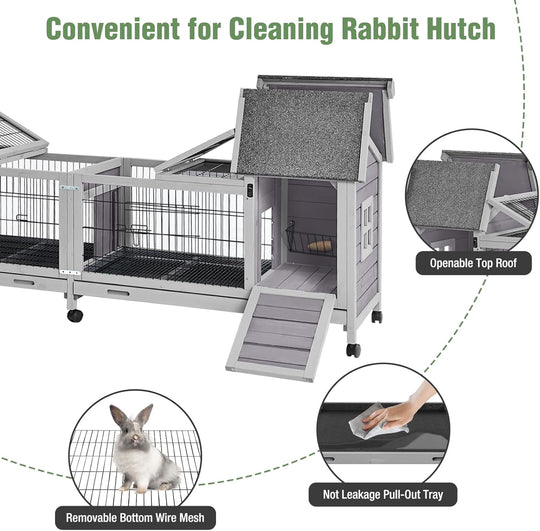 MEDEHOO Rabbit Hutch Indoor Outdoor Bunny Cage Upgrade Large Space for Rabbit,Guinea Pig,Bunny and Other Small Animals,On Wheels Move Easily
