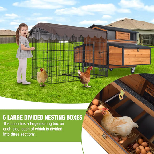 MEDEHOO Mobile Chicken Coop with All-Around Metal Frame, 76.7" Large Chicken Coops with Super Large Wheels, Outdoor Poultry Cage Hen House with Metal Run for 6-8 Chickens