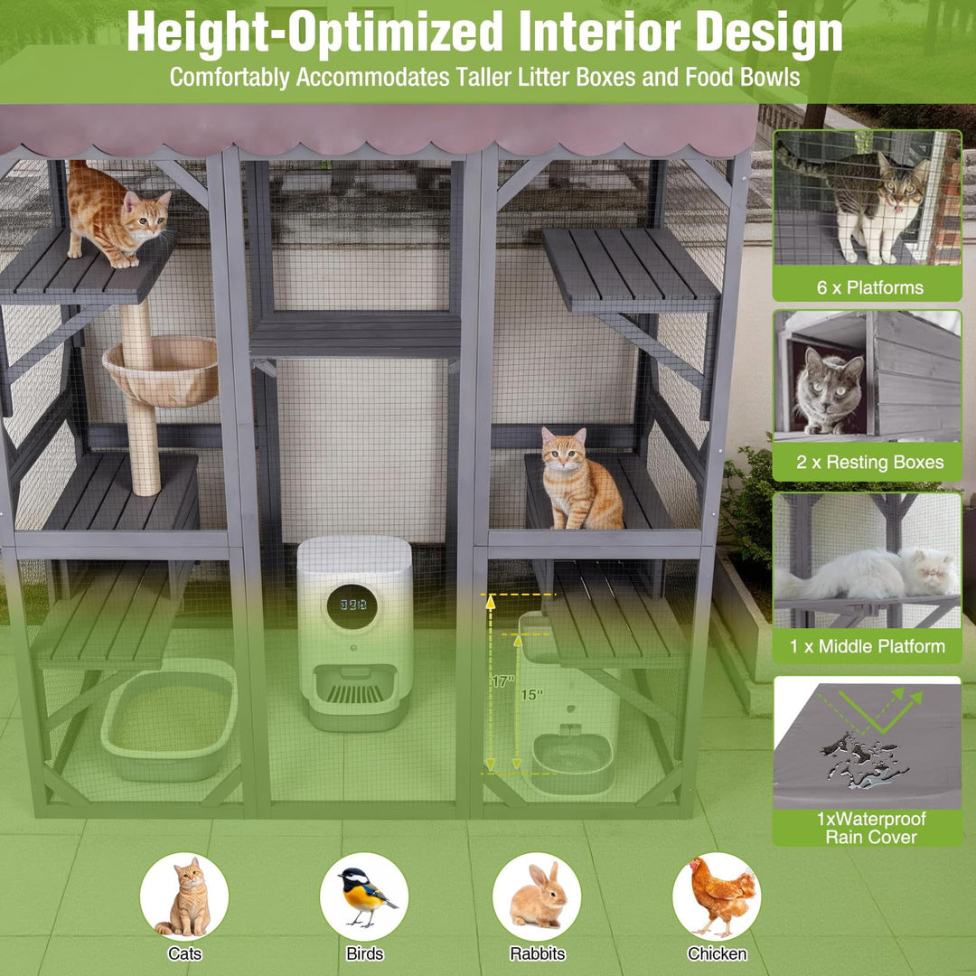 MEDEHOO Catio Outdoor Cat Enclosure - 70" Large Wooden Cat House with 5 Platforms, 2 Napping Boxes &amp; Weatherproof Asphalt Roof, Walk-in Kitty Condo for Multiple Cats Catio-AIR37-M-MA