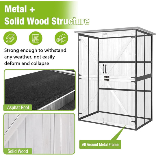 MEDEHOO 55" Outdoor Storage Shed, Modern Wooden Tool Cabinet with Heavy-Duty Metal Frame, 3 Adjustable Shelves and Weatherproof Asphalt Roof for Patio &amp; Garden, White AIR99-N-Shed-WM