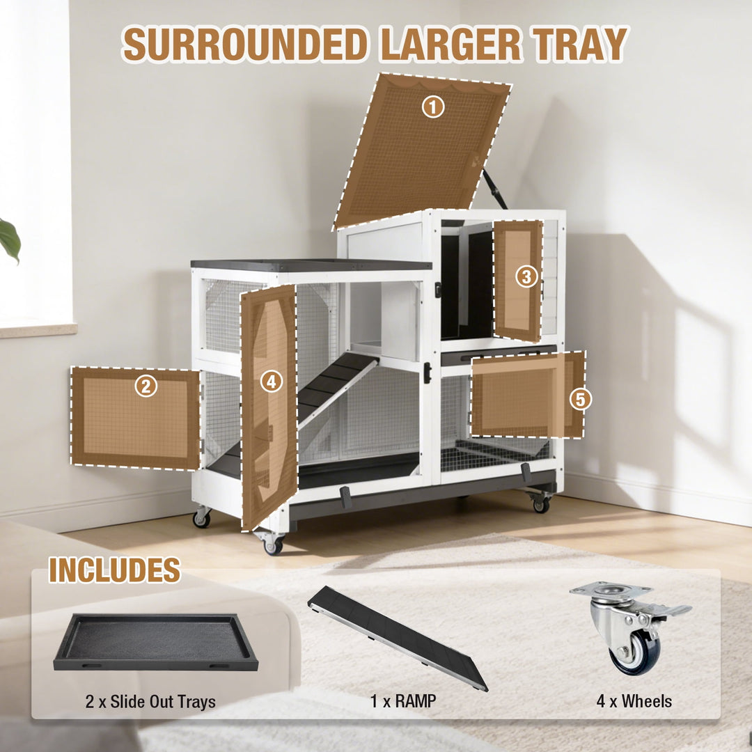 MEDEHOO 39" 2-Story Rabbit Hutch, Wooden Bunny Cage with Chew-Proof Ramp, 2 Leak-Proof Pull-Out Trays and Lockable Wheels for Guinea Pigs &amp; Small Pets, Black&amp;White