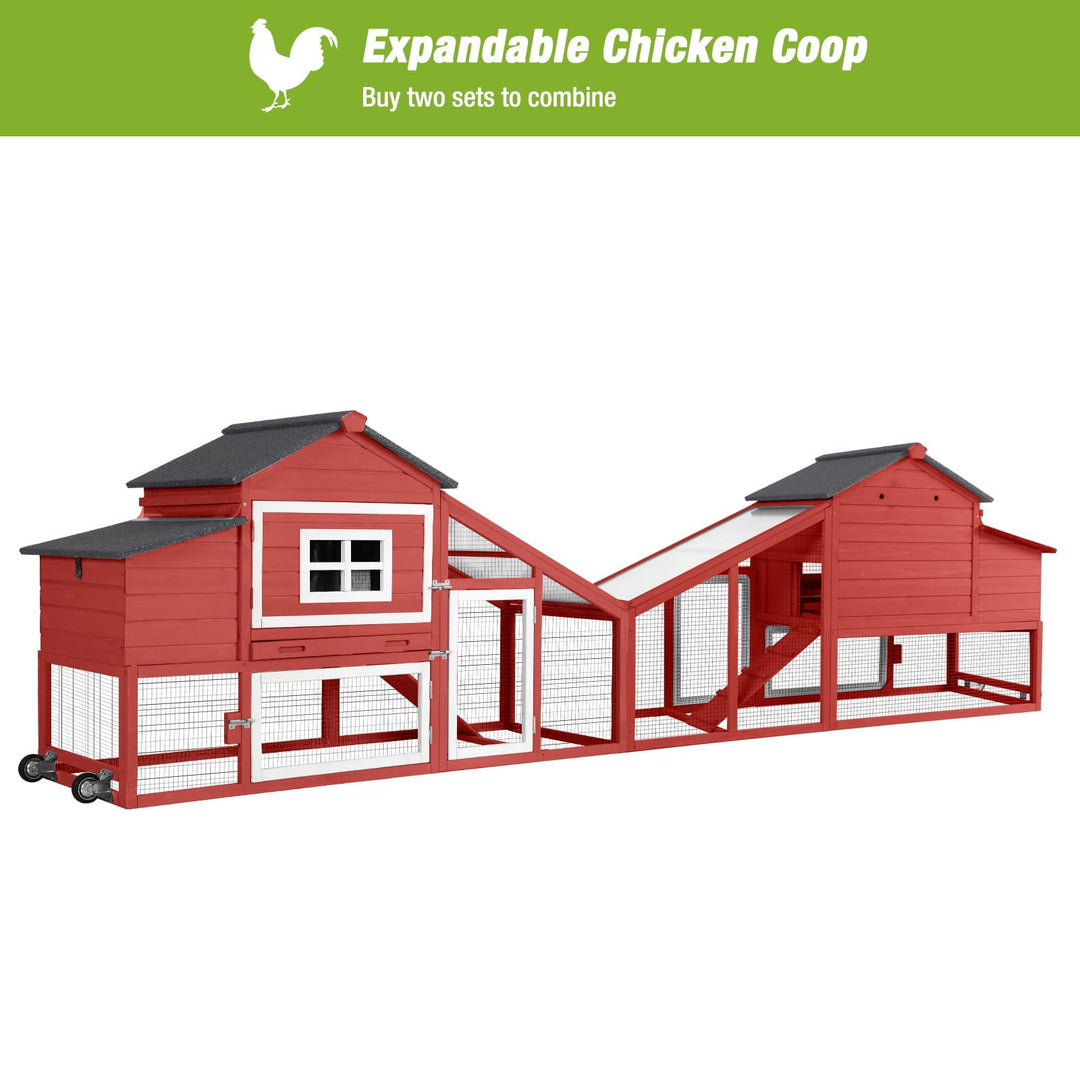 BUTINGLALE Outdoor Mobile Chicken Coop with Wheels Hen House with Nesting Box Wooden Bunny Cage Large Duck House with Run UV Roof Rabbit Hutch(Red) AIR23-R-N