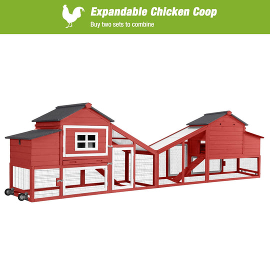 BUTINGLALE Outdoor Mobile Chicken Coop with Wheels Hen House with Nesting Box Wooden Bunny Cage Large Duck House with Run UV Roof Rabbit Hutch(Red) AIR23-R-N