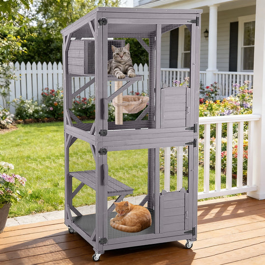 MEDEHOO 71" Large Catio Outdoor Cat Enclosure, Mobile Catio Enclosure Indoor On Wheels with Scratch Post, Hammock, Resting Box, Platform, Tarp Roof