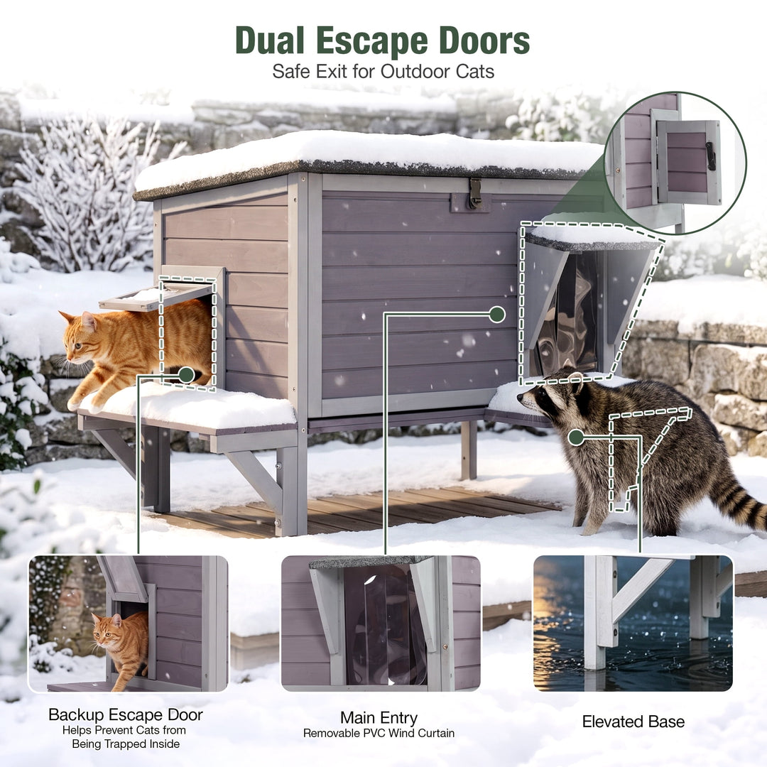 MEDEHOO Large Heated Cat House Outdoor with Heating Pad &amp; Insulated Liner, Weatherproof Feral Stray Cat Shelter for Outside, All-Round Thermal Liner