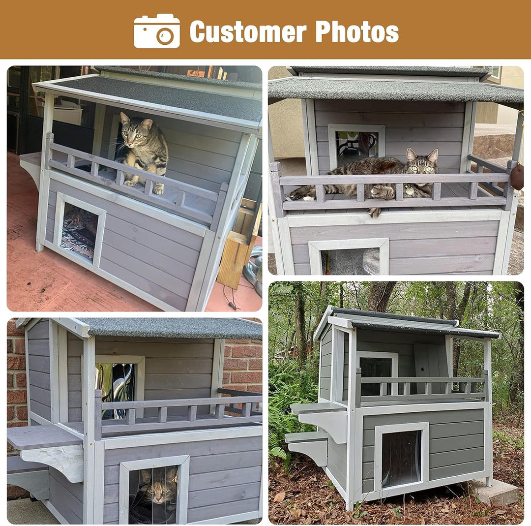 BUTINGLALE utdoor Feral Cat House, Wood Cat Shelter with Escape Door, Rainproof Outside Kitty House with Balcony AIR33-U