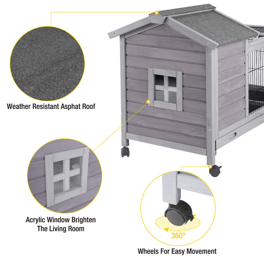 MEDEHOO Rabbit Hutch Indoor and Outdoor, Rabbit Cage with Removable Wire Netting and Leak Proof Tray, Mobile Bunny Cage with Wheels