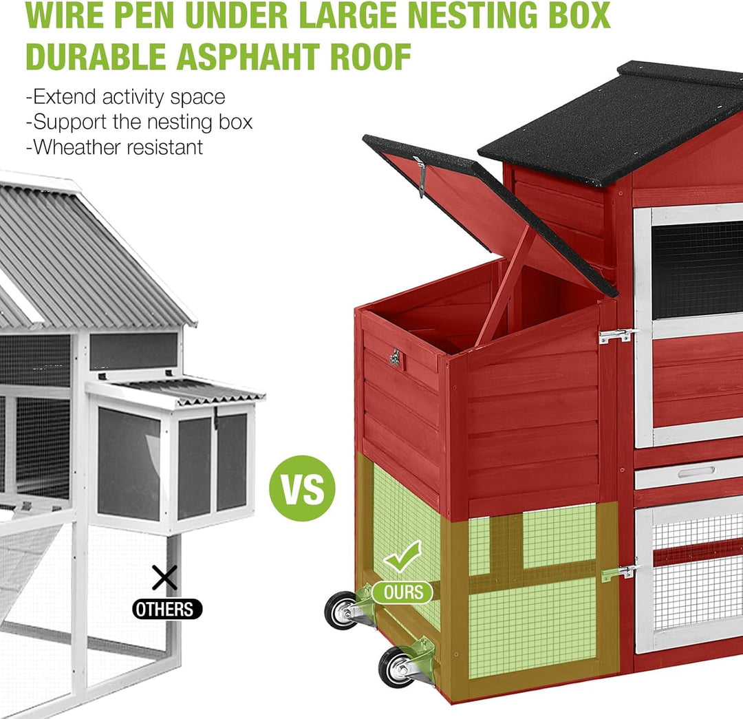 MEDEHOO Chicken Coop Mobile Chicken House with Wheels Expandable Wooden Hen House 80.7" Outdoor Rabbit Hutch Movable with Large Nesting Box for 2-4 Chickens (Red) AIR72-R-N-WM