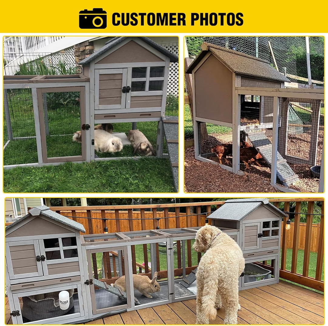MEDEHOO Rabbit Hutch Indoor Bunny Cage Outdoor with Run Chicken Coop Guinea Pig House with Waterproof Asphalt Roof,No Leakage Pull Out Tray