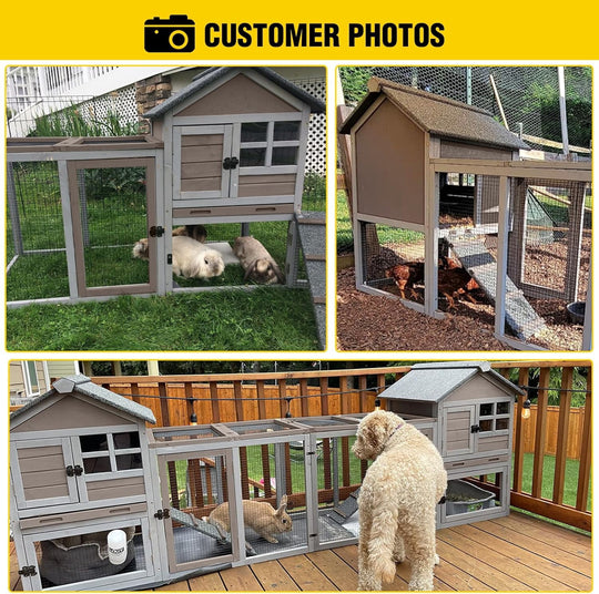 MEDEHOO Rabbit Hutch Indoor Bunny Cage Outdoor with Run Chicken Coop Guinea Pig House with Waterproof Asphalt Roof,No Leakage Pull Out Tray