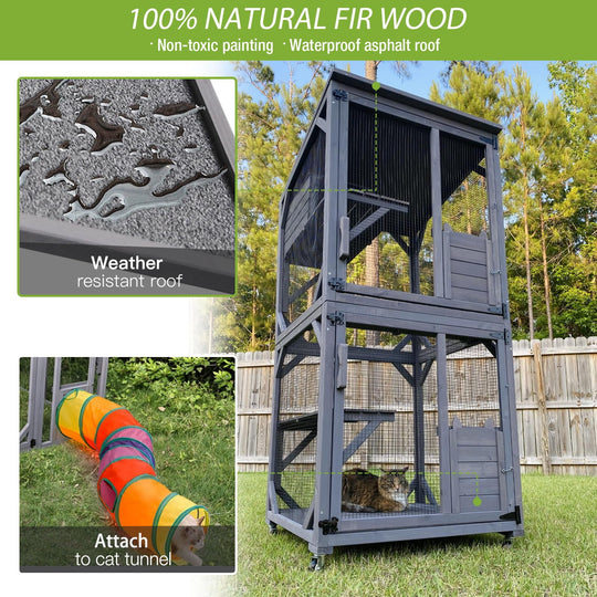 MEDEHOO Cat House Outdoor Catio Cat Enclosure Wheels Large Movable Cat Cages Indoor for Mulitiple Cats with Tarp Roof,Platforms,Resting Box 70.9" AIR22-002J