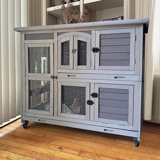 MEDEHOO Wood Rabbit Hutch Bunny Cage with Wheel, Two Layer Guinea Pig House for Outdoors &amp; Indoors AIR06-C-WM