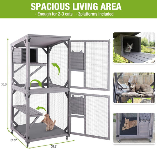MEDEHOO Mobile Catio on Wheels - Outdoor Cat House Enclosure with Waterproof Roof &amp; Upgraded Resting Box, 70.9" Feral Cat Cage / Bird Cage AIR22-J-WM