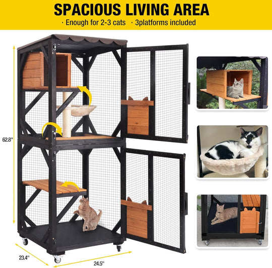 MEDEHOO Window Catio Outdoor Cat Enclosure Mobile Kitty Shelter on Wheels Pet Cage with Resting Box, Hammocks, Waterproof Cover AIR22-M-B-WM