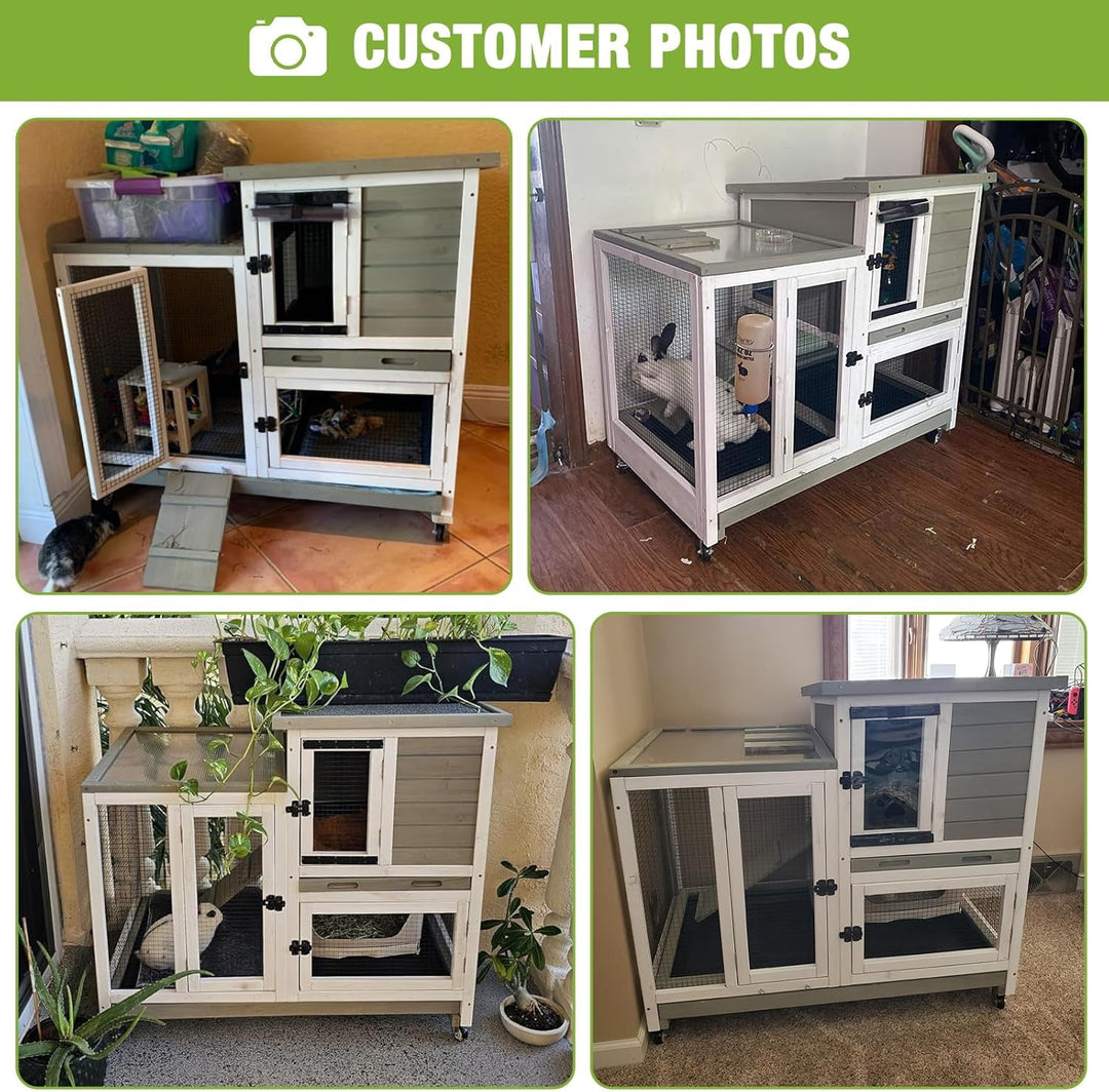 MEDEHOO Rabbit Hutch Rabbit Cage Pet Bunny House Cage with Casters Urine Baffles,4 Metal Wheels,2 Deeper Trays(Mocca Color) AIR36-00J