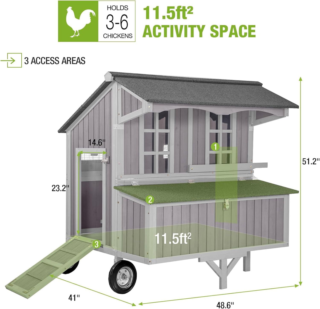 BUTINGLALE Chicken Coop Mobile Duck Coop with Super Large Wheels Durable Hen House 48.6" Outdoor Rabbit Hutch with Nesting Box for 3-6 Chickens AIR96-N