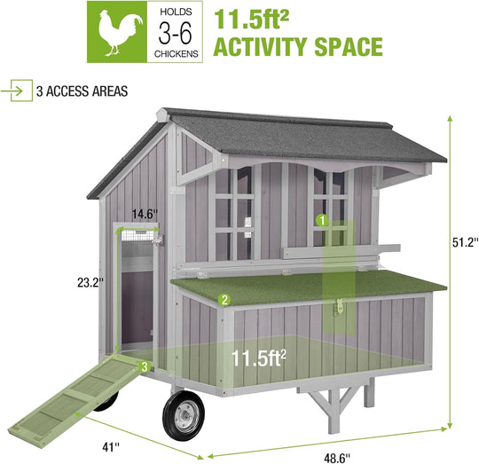 BUTINGLALE Chicken Coop Mobile Duck Coop with Super Large Wheels Durable Hen House 48.6" Outdoor Rabbit Hutch with Nesting Box for 3-6 Chickens AIR96-N