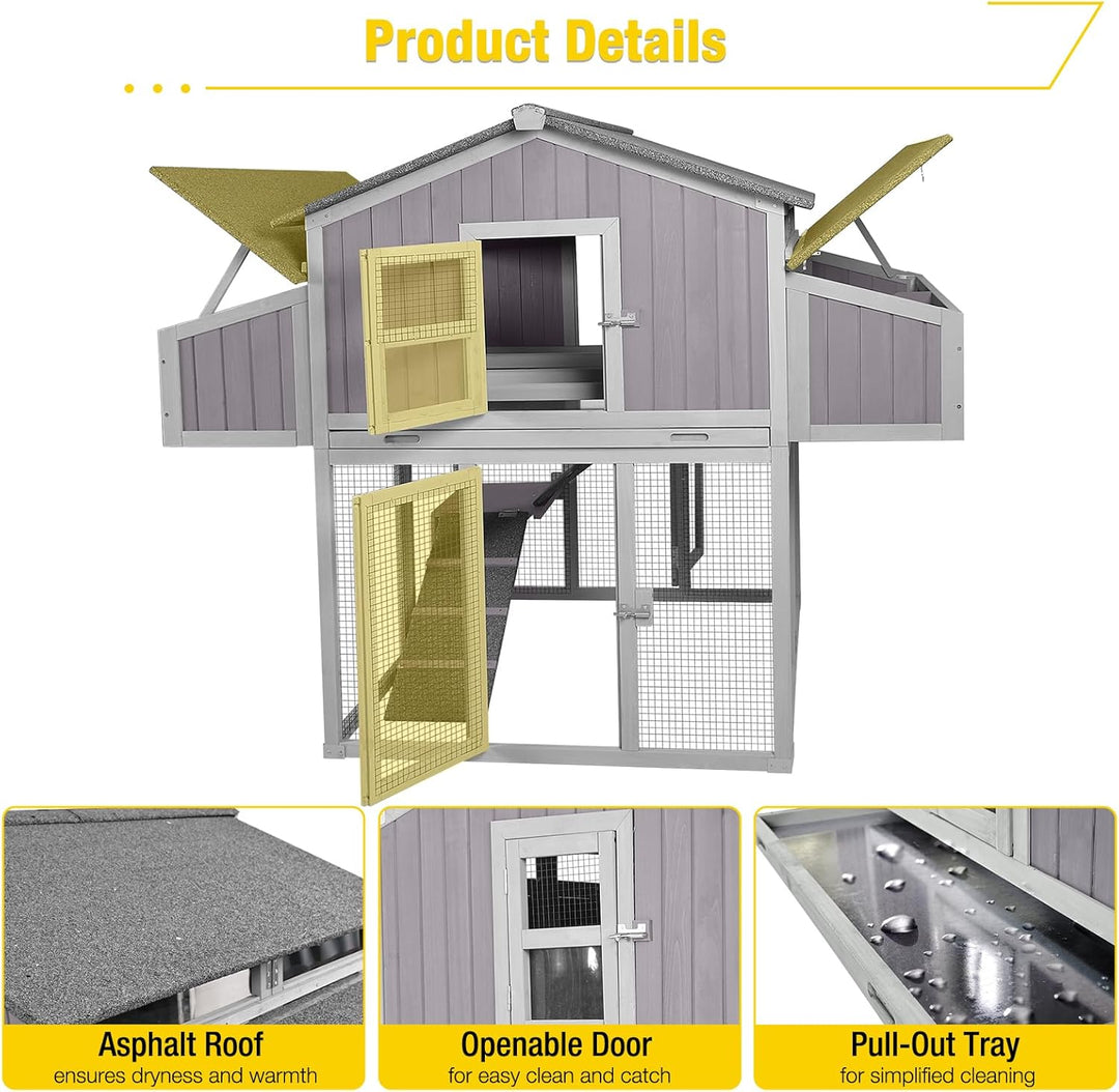 MEDEHOO Foldable Chicken Coop Fast Assembly Large Outdoor Hen House 69.8" L for 4-6 Chickens with Four Nesting Box, Three Perches AIR66-N1-WM