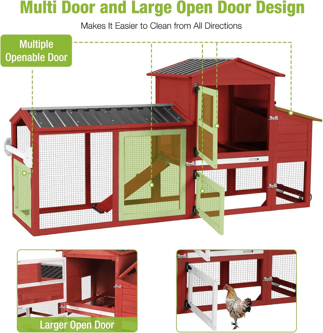 MEDEHOO 80" Mobile Chicken Coop with Wheels – Expandable Waterproof Hen House, Wooden Poultry Cage with Nesting Box &amp; Pull-Out Tray for 2-4 Chickens (Red)