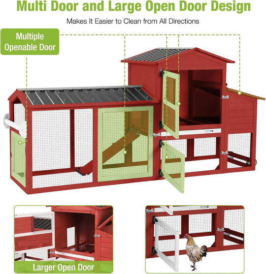MEDEHOO 80" Mobile Chicken Coop with Wheels – Expandable Waterproof Hen House, Wooden Poultry Cage with Nesting Box &amp; Pull-Out Tray for 2-4 Chickens (Red)