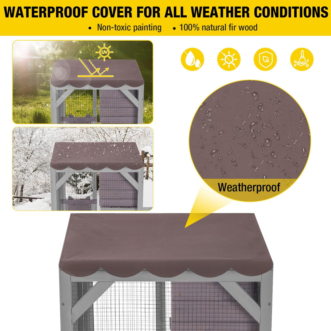 MEDEHOO Outdoor Cat Catio with Wheels, 62.8" Tall 3-Tier Wooden Cat Enclosure with 3 Platforms, Resting Box and Waterproof Fabric Roof AIR22-M-WM