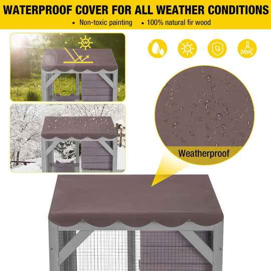 MEDEHOO Outdoor Cat Catio with Wheels, 62.8" Tall 3-Tier Wooden Cat Enclosure with 3 Platforms, Resting Box and Waterproof Fabric Roof AIR22-M-WM