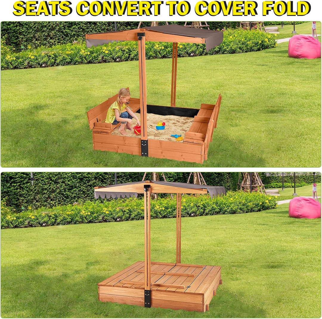 MEDEHOO Wooden Sandbox with Cover | Large Sandpit for Kids Outdoor with Adjustable Canopy Backyard Play with Movable Toy Bins GUT080-WM