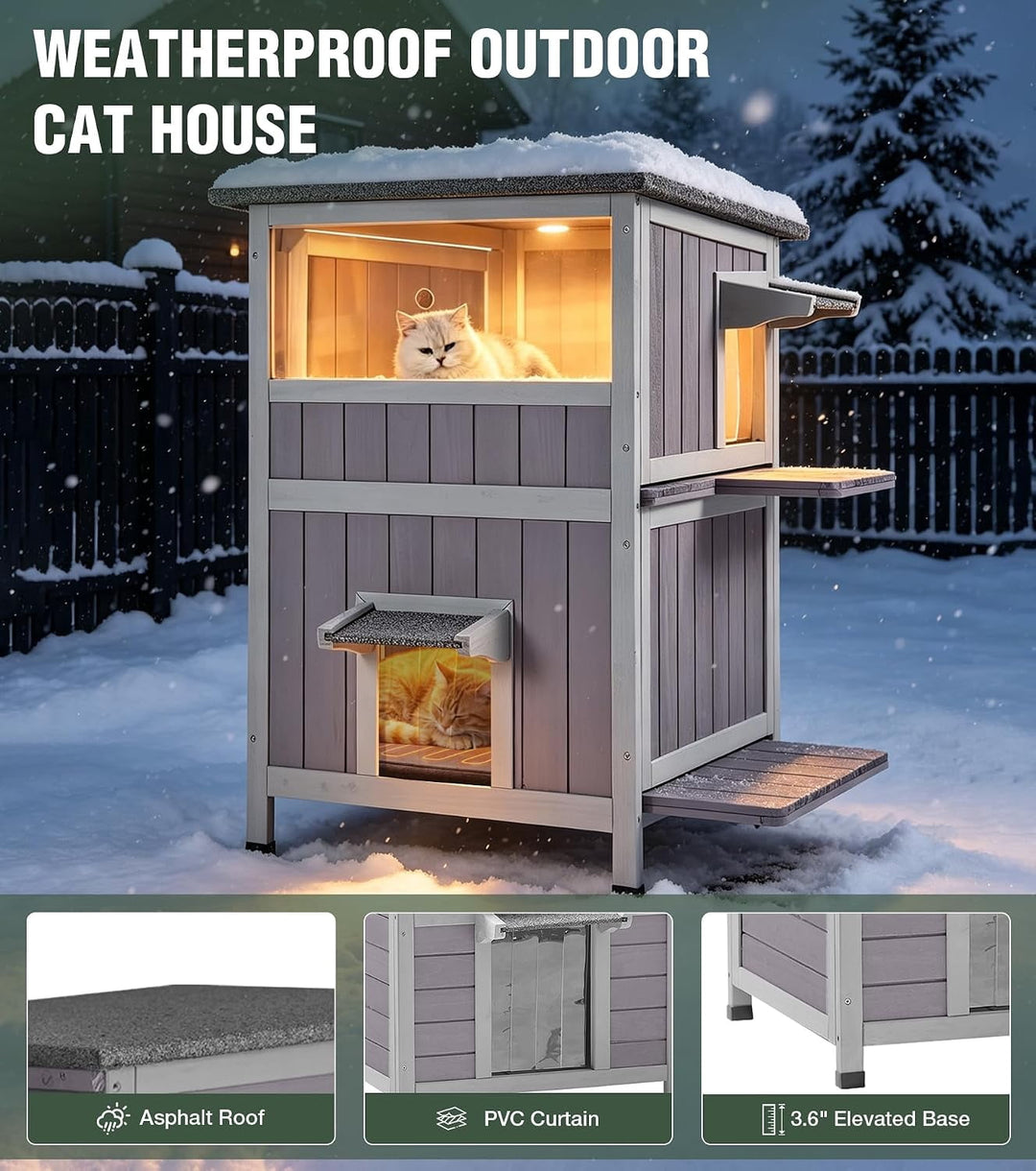 MEDEHOO Heated Outdoor Cat House for Winter, Insulated Cat House for Outdoor Indoor, Weatherproof Cat Shelter with Warm Liner for Feral &amp; Stray Cats