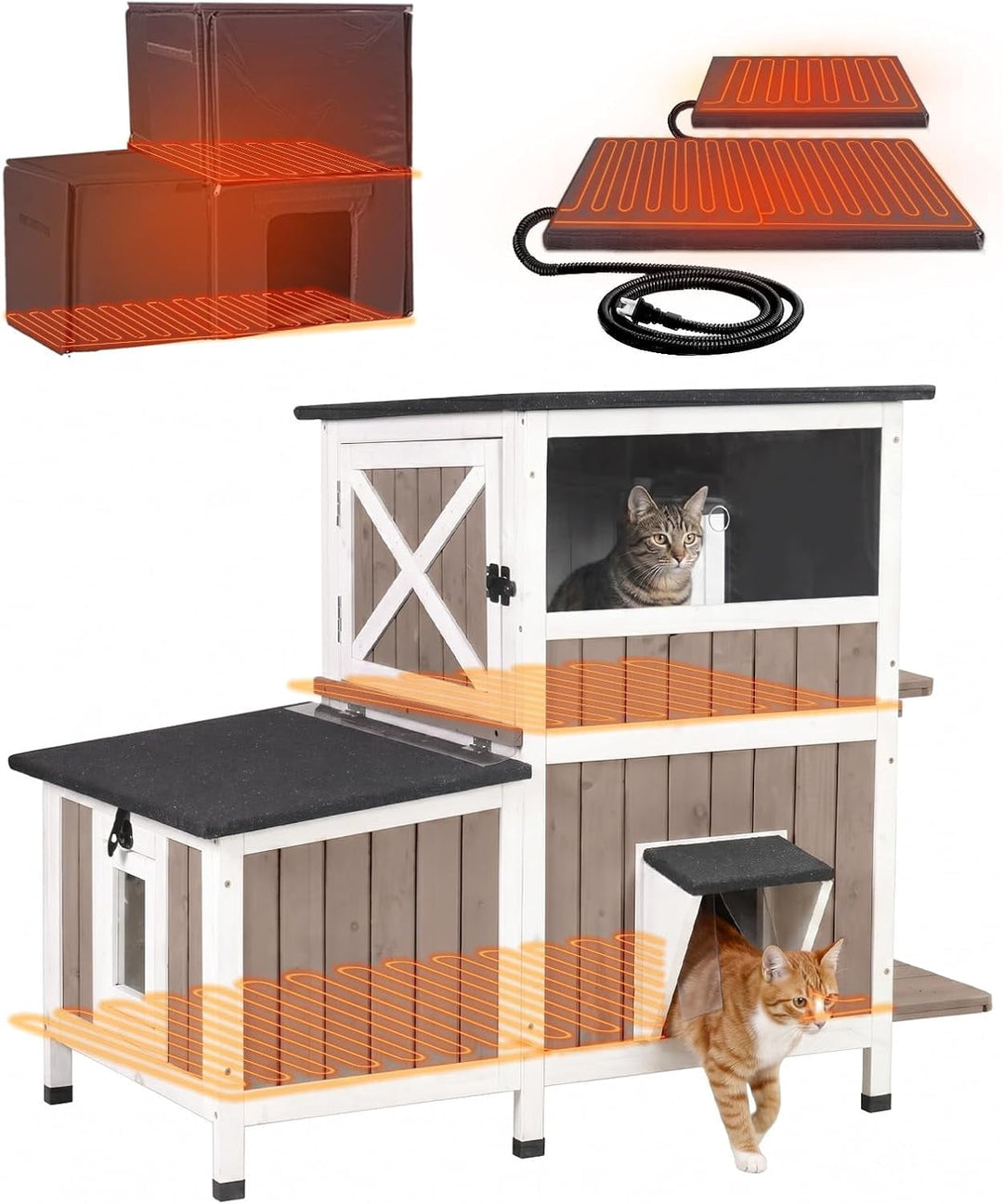 MEDEHOO Extra Large Heated Outdoor Cat House with Heating Pad and 6-Sided Insulation for Multiple Cats, Brown AIR7033-WB-HP-GE