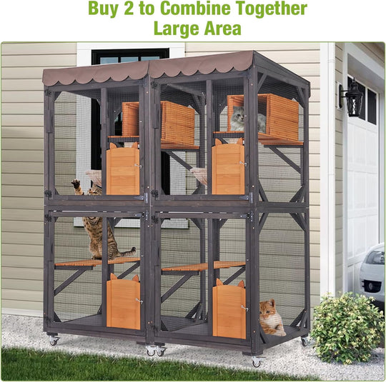 MEDEHOO Catio Outdoor Cat Enclosure Mobile Cat House Indoor On Wheels with Scratch Post,Hammock,Resting Box,Platform,Tarp Roof 71.9" AIR7014-N-WM