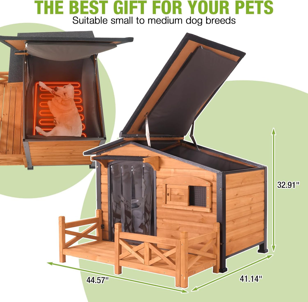 MEDEHOO Heated Dog House Outdoor Dog Kennel with Safe Heated Pad, Chew-Proof Metal Frame and Rotating Food Bowl for Small to Medium Dogs, 44.6" L x 41.1" W x 32.9“H (Brown)