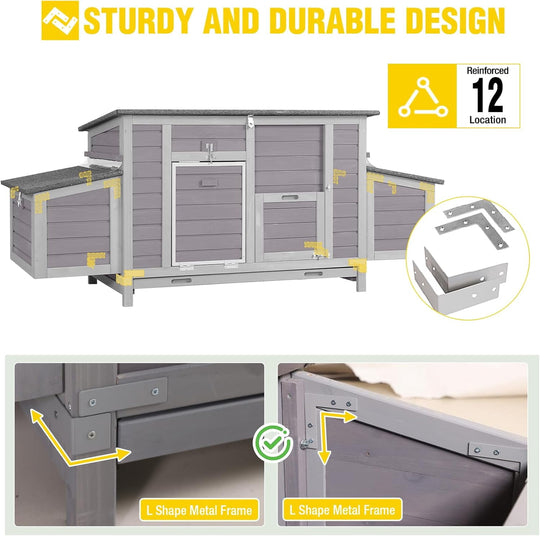 MEDEHOO Large Chicken Coop for 4-6 Chickens, Reinforced Outdoor Wooden Hen House with 4 Sectionable Nesting Box, Easy Clean Pull-Out Tray, Waterproof Asphalt Roof - Grey