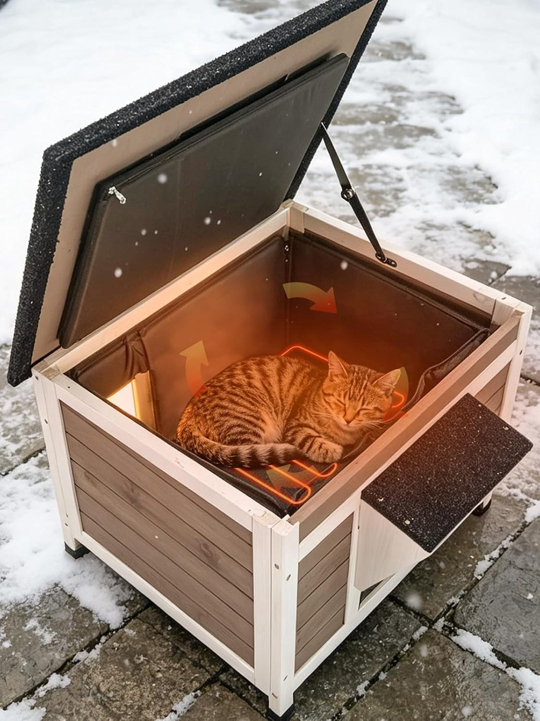 MEDEHOO Heated Cat House Outdoor Insulated Weatherproof Wooden Feral Shelter, Insulated Liner, 8-Layer Heating Pad, Asphalt Roof, PVC Door Flap, Brown