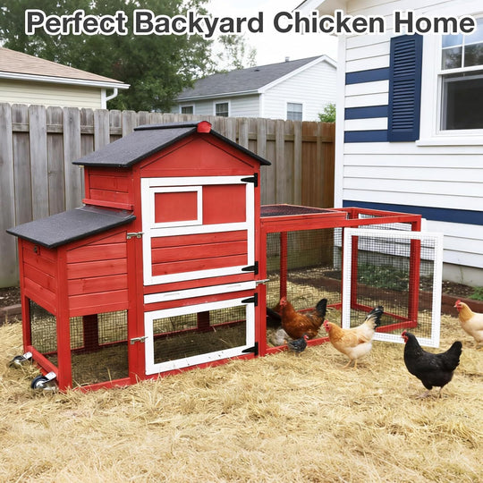 MEDEHOO Mobile Chicken Coop with Wheels, Wooden Chicken Coop with Nesting Box &amp; Removable Tray, Easy-Clean Outdoor Chicken House Duck House for 2–3 Chickens (Red) AIR72-R-D14-WM