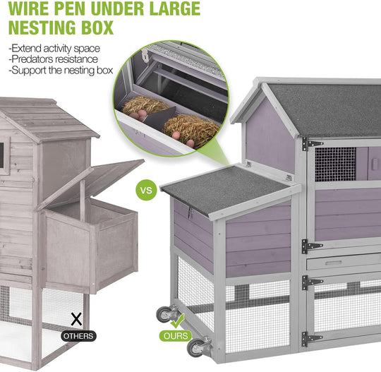 MEDEHOO Chicken Coop 78" Mobile Hen House on Wheeks Outdoor Poultry Cage with Run Duck Coop Waterproof Roof,Large AIR27-JO