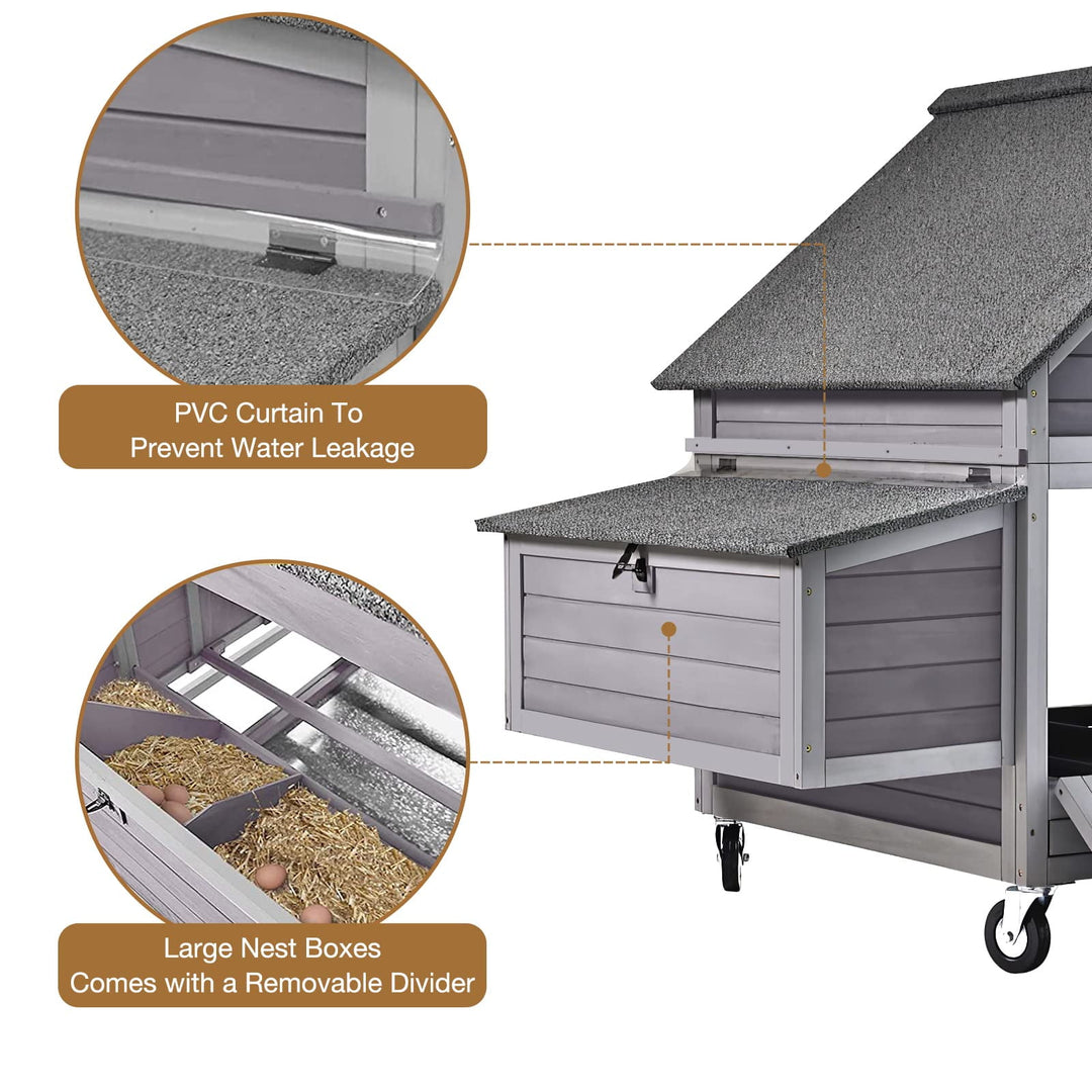 MEDEHOO Chicken Coop Poultry Cage on Wheels Outdoor Duck Coop Wooden Hen House with Large Nesting Box, Movable AIR67-G