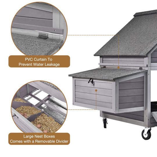 MEDEHOO Chicken Coop Poultry Cage on Wheels Outdoor Duck Coop Wooden Hen House with Large Nesting Box, Movable AIR67-G