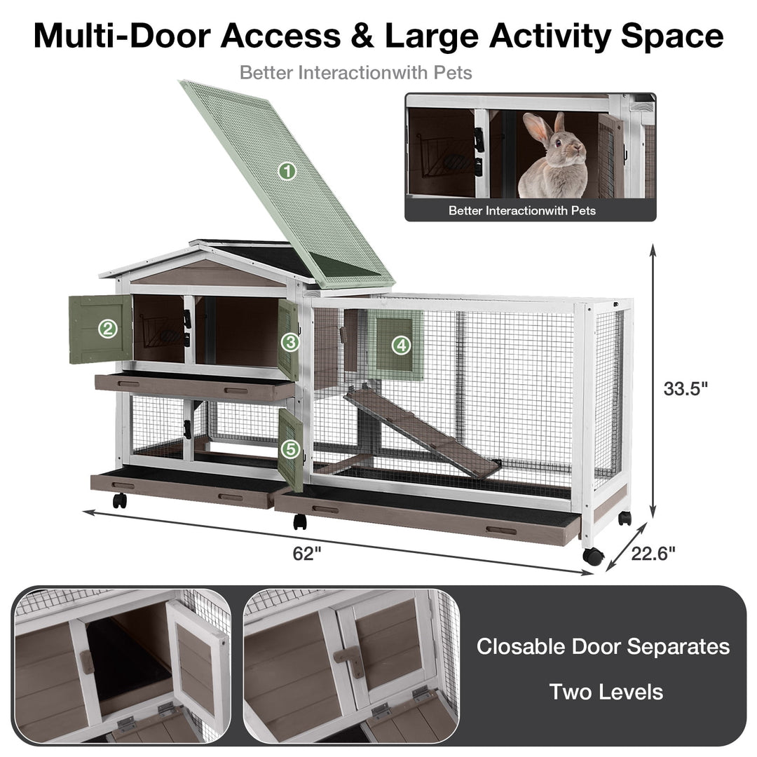 MEDEHOO 62" Rabbit Hutch with Wheels for Outdoor &amp; Indoor, 2-Story Bunny Cage with Pull Out Tray, Chew-Proof Ramp, Waterproof Roof, Brown