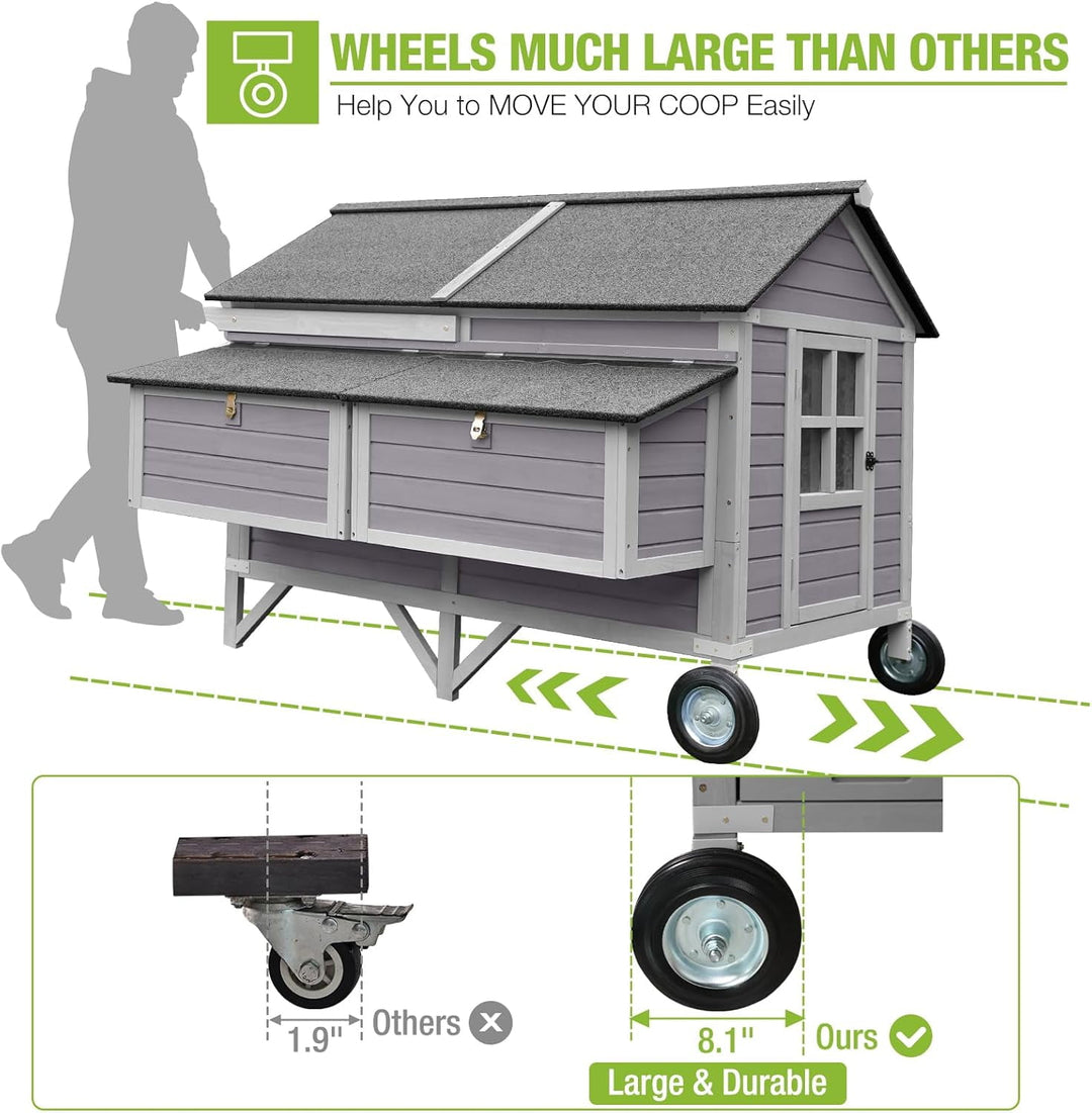 BUTINGLALE 68.1" L Chicken Coop with Large Wheels for 8-10 Chickens, Mobile Duck Chicken House with Four Nesting Boxes and Perches AIR097-WM