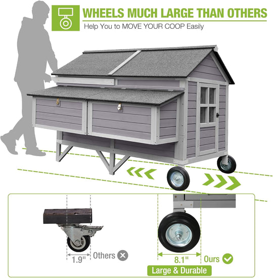 BUTINGLALE 68.1" L Chicken Coop with Large Wheels for 8-10 Chickens, Mobile Duck Chicken House with Four Nesting Boxes and Perches AIR097-WM