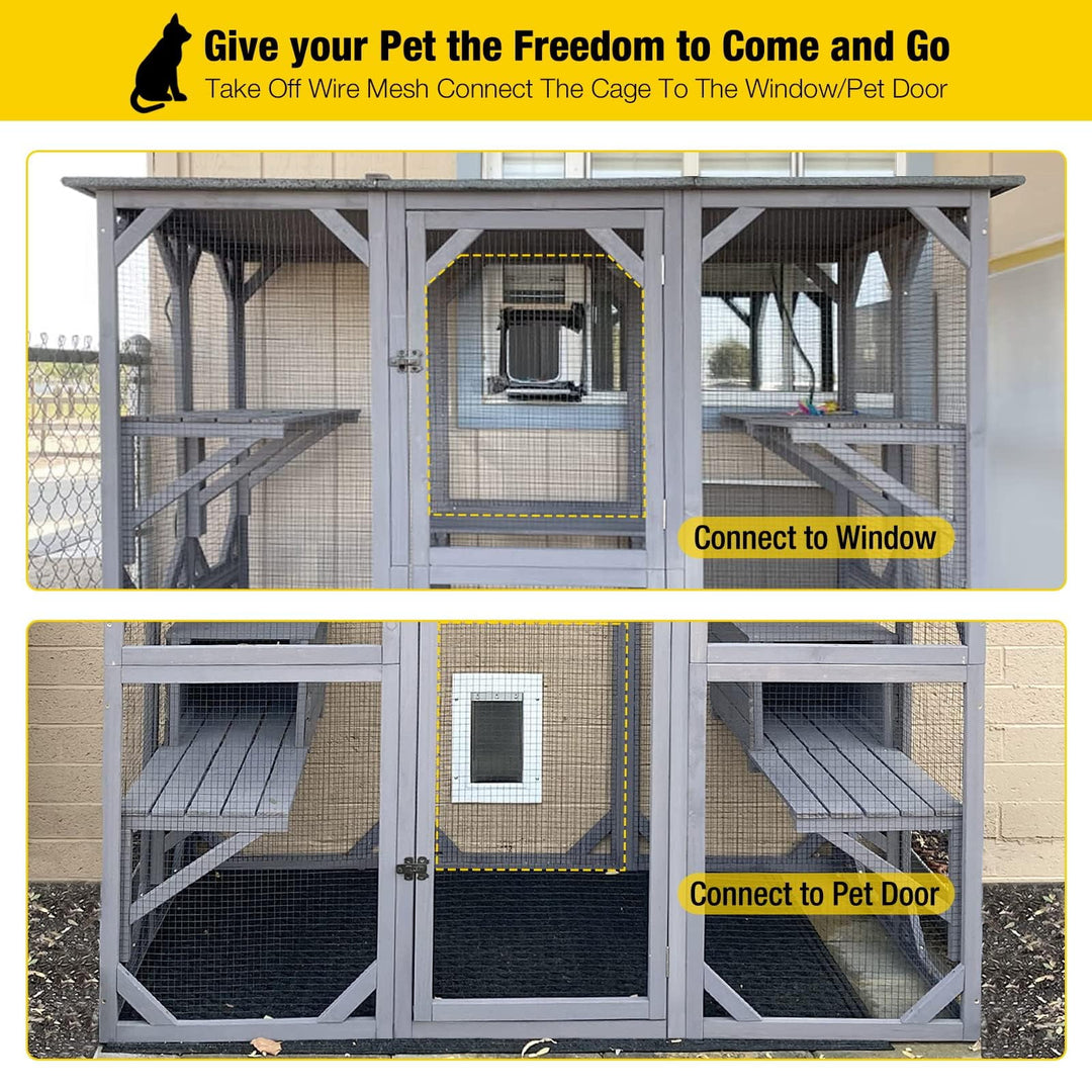 MEDEHOO Cat House Outdoor Catio Kitty Enclosure with Super Large Enter Door,Wooden Cat Cage Condo Indoor Playpen with Platforms, 71 Inch
