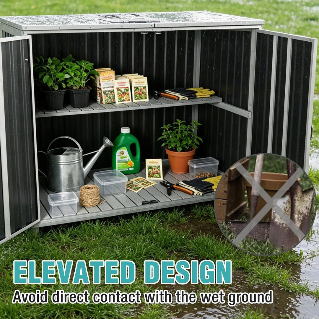 MEDEHOO Outdoor Storage Shed 4.2x2.2FT with Metal Frame &amp; Fir Wood, Weatherproof Resin Garden Shed for Patio Backyard, Horizontal Storage Cabinet with Adjustable Shelves AIR105-G-A11-WM