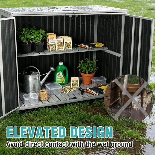 MEDEHOO Outdoor Storage Shed 4.2x2.2FT with Metal Frame &amp; Fir Wood, Weatherproof Resin Garden Shed for Patio Backyard, Horizontal Storage Cabinet with Adjustable Shelves AIR105-G-A11-WM