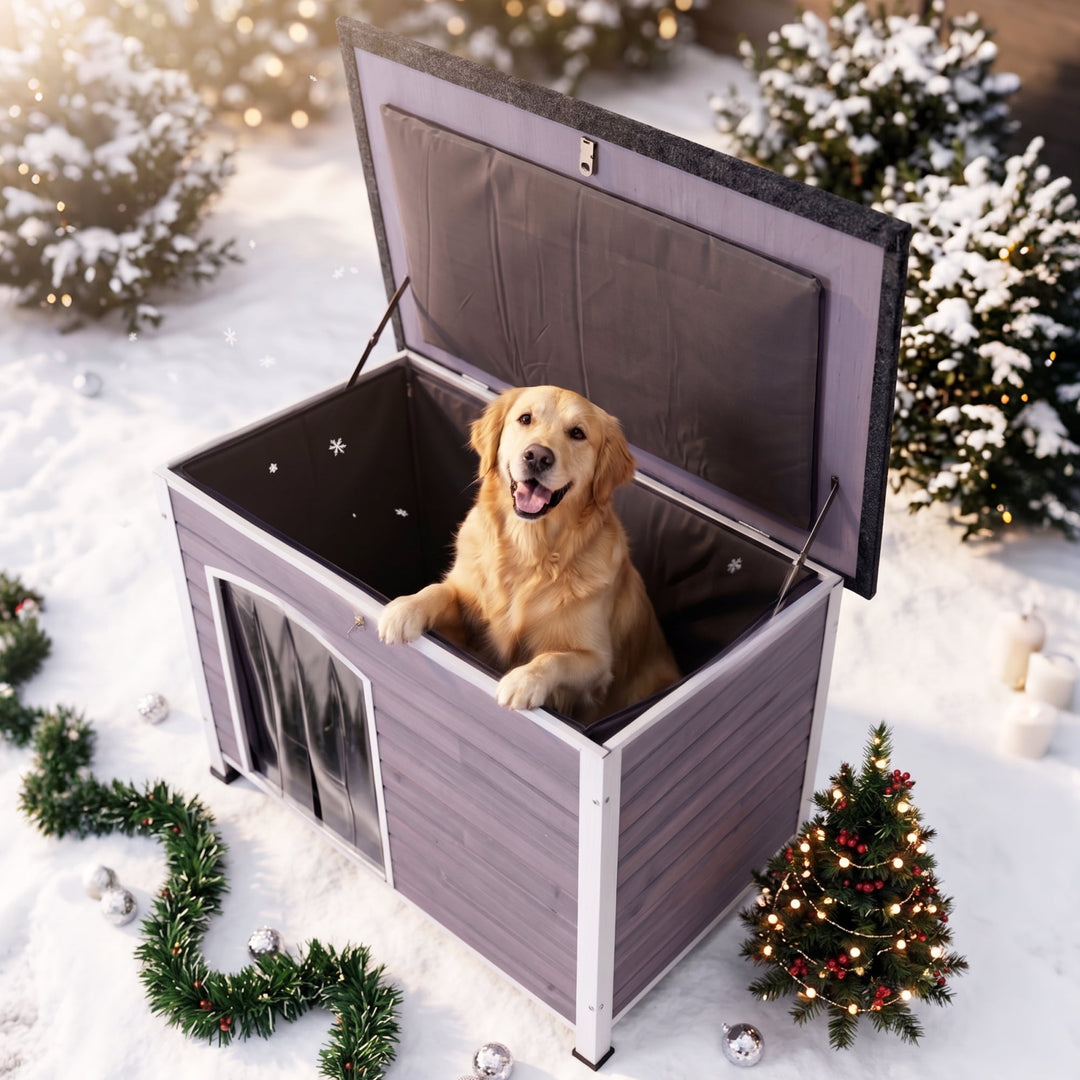 MEDEHOO Extra Large Heated Insulated Dog House for Winter Wooden Outdoor Dog Kennel with All-Around Iron Frame
