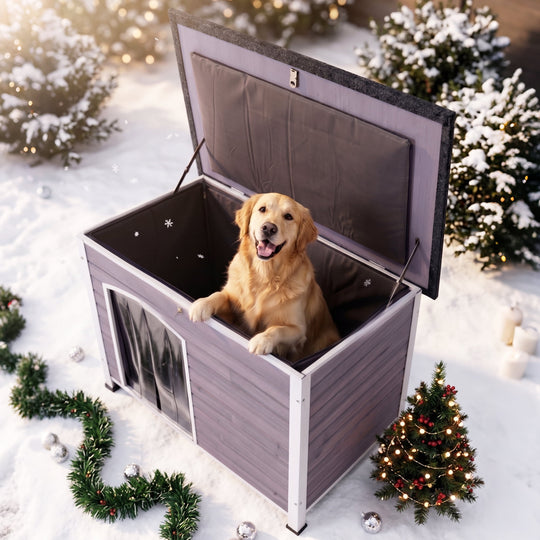 MEDEHOO Extra Large Heated Insulated Dog House for Winter Wooden Outdoor Dog Kennel with All-Around Iron Frame