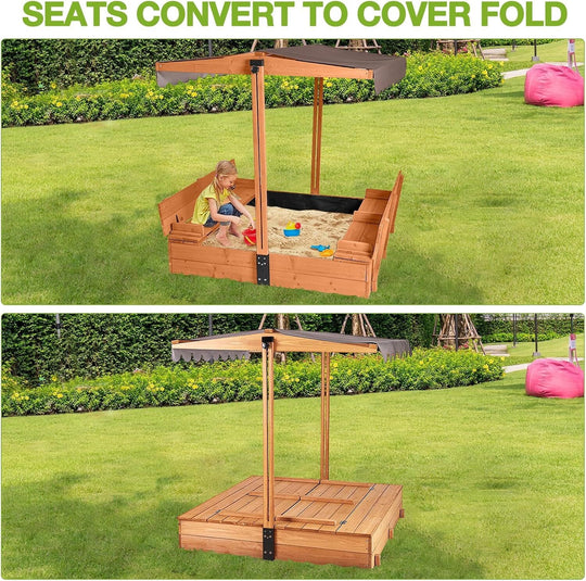 MEDEHOO Sandbox with Lid and Cover, Outdoor Sand Box for Kids with 360° Adjustable Canopy, 2 Foldable Bench Seats &amp; Sand Leak-Proof Liner AIR05-MB-WM