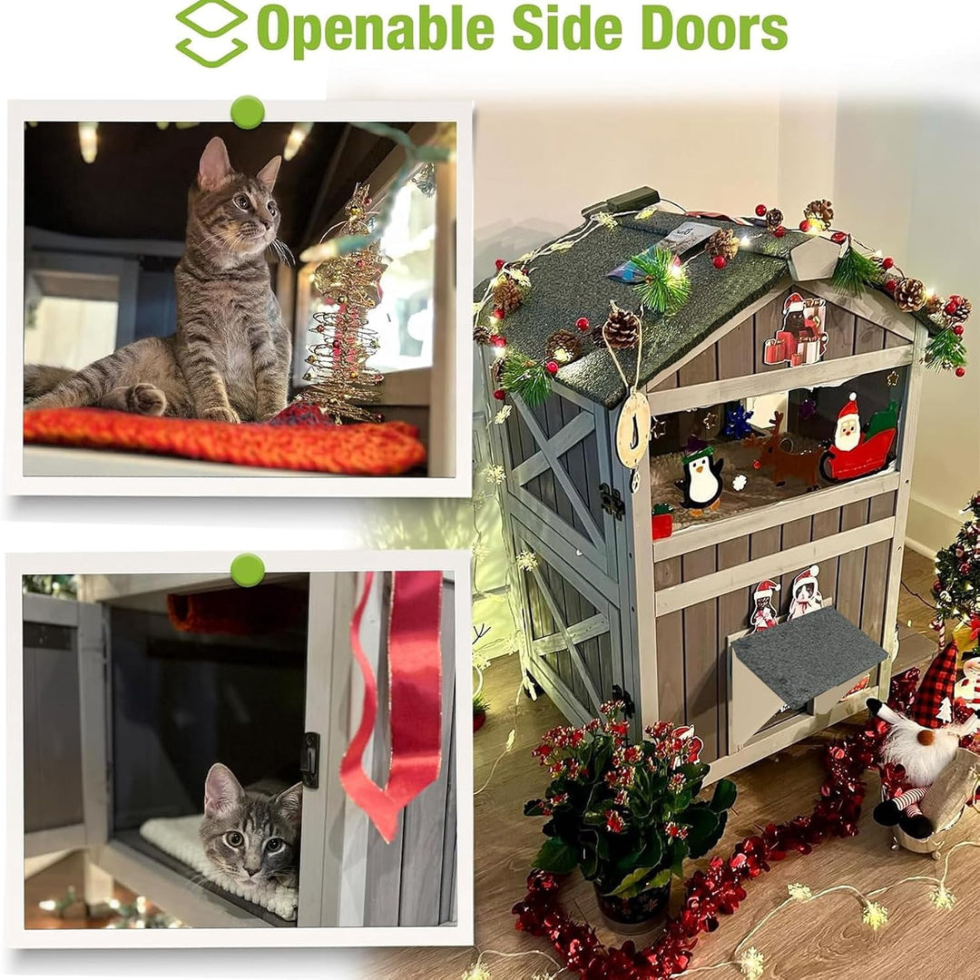 MEDEHOO 2-Story Outdoor Cat House, Insulated Weatherproof Feral Shelter with Openable Roof &amp; Acrylic Window