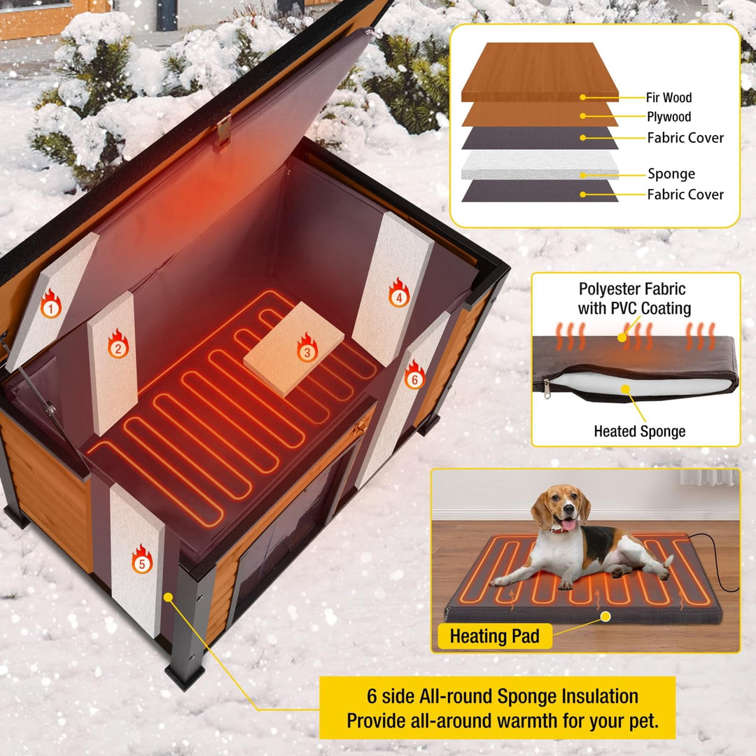 MEDEHOO Outdoor Heated Dog House with Heating Pad &amp; Insulated Liner for Winter, Anti-Chewing Iron Frame Dog Kennel for Small &amp; Medium Dogs, Brown AIRJO74-IN-HP-WM
