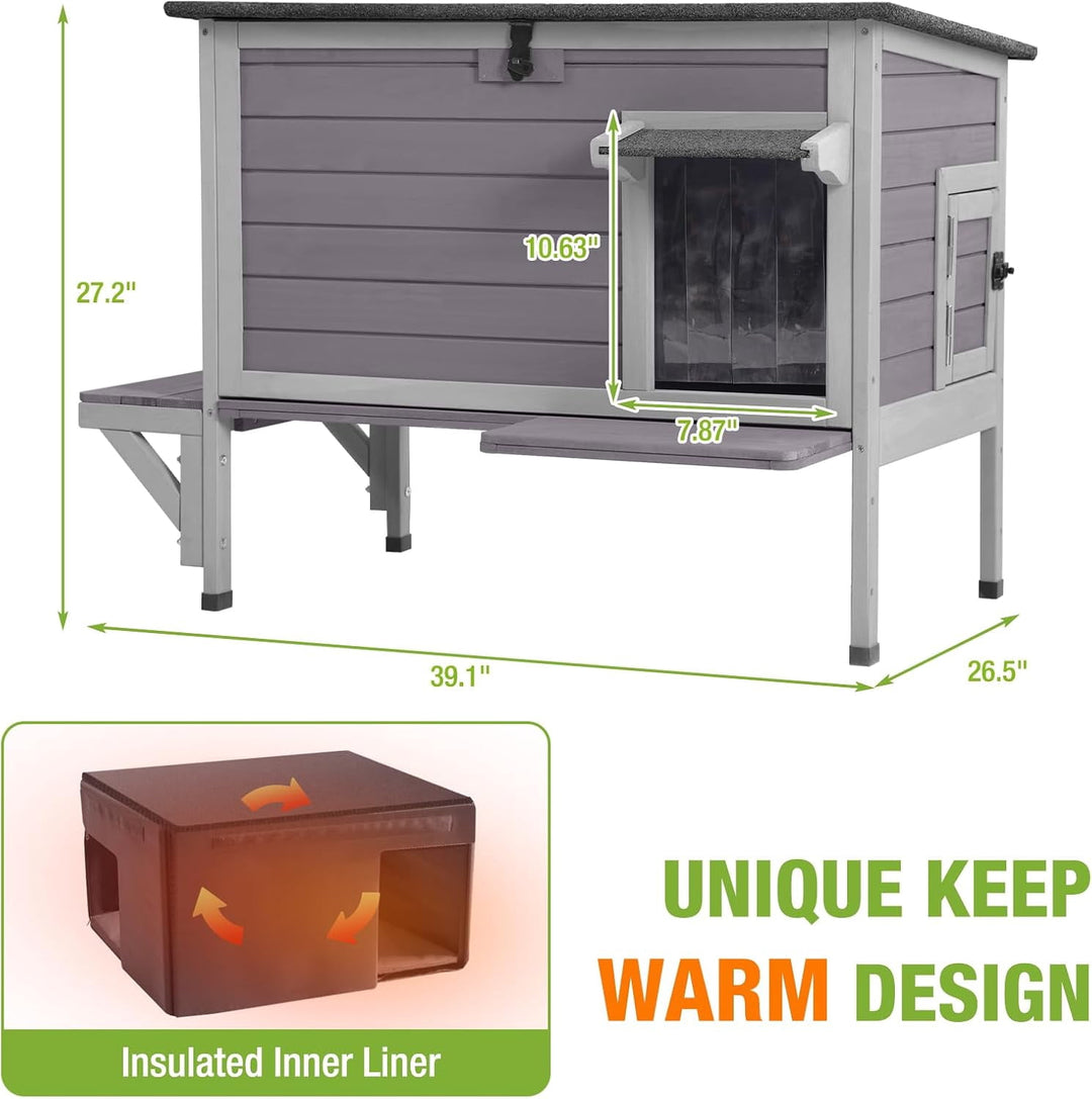 MEDEHOO Insulated Outdoor Cat House with All-Round Liner, Weatherproof Feral Cat Shelter for Winter, Outside Stray Cat House with 3 Escape Doors and Elevated Base AIR91-IN-ML