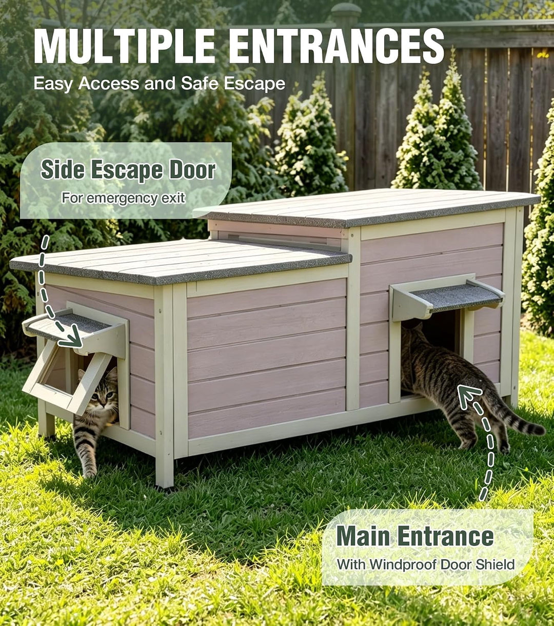 MEDEHOO Outdoor Cat House Weatherproof 2-Room Cat Shelter 34" L Large Outside Cat House with Asphalt roof, PVC Curtain and 2 Entrances for 2-3 Cats